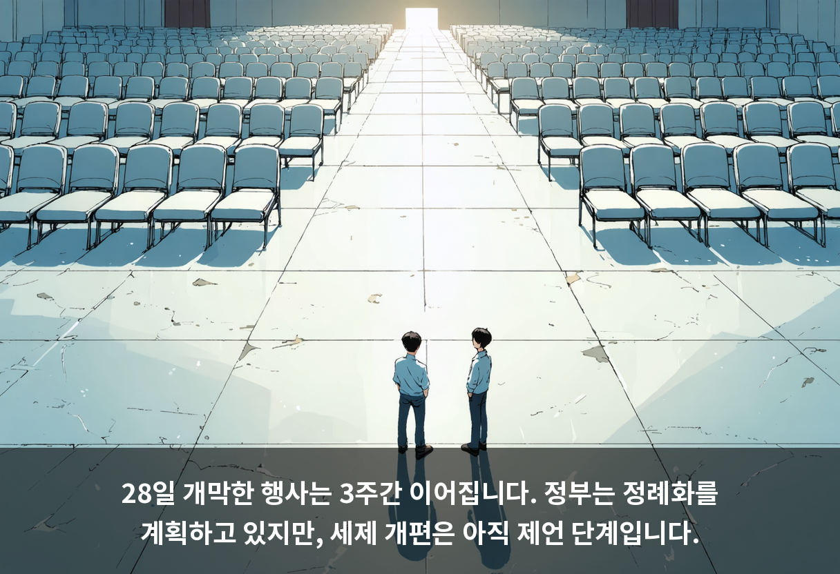 28일 개막한 행사는 3주간 이어집니다. 정부는 정례화를 계획하고 있지만, 세제 개편은 아직 제언 단계입니다.