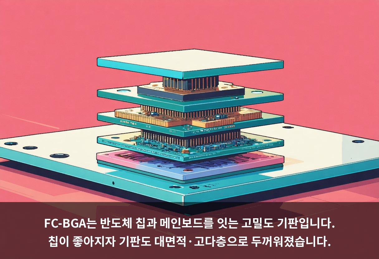 FC-BGA는 반도체 칩과 메인보드를 잇는 고밀도 기판입니다. 칩이 좋아지자 기판도 대면적·고다층으로 두꺼워졌습니다.