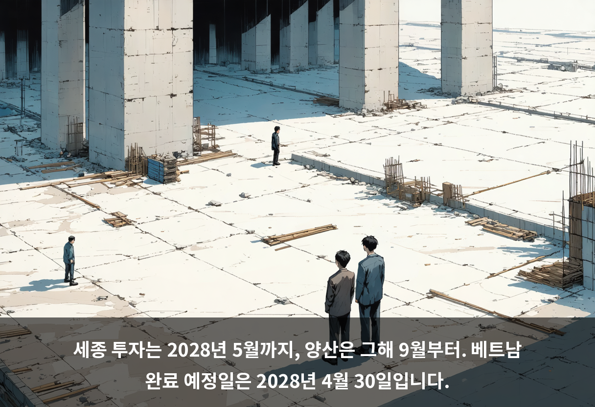 세종 투자는 2028년 5월까지, 양산은 그해 9월부터. 베트남 완료 예정일은 2028년 4월 30일입니다.