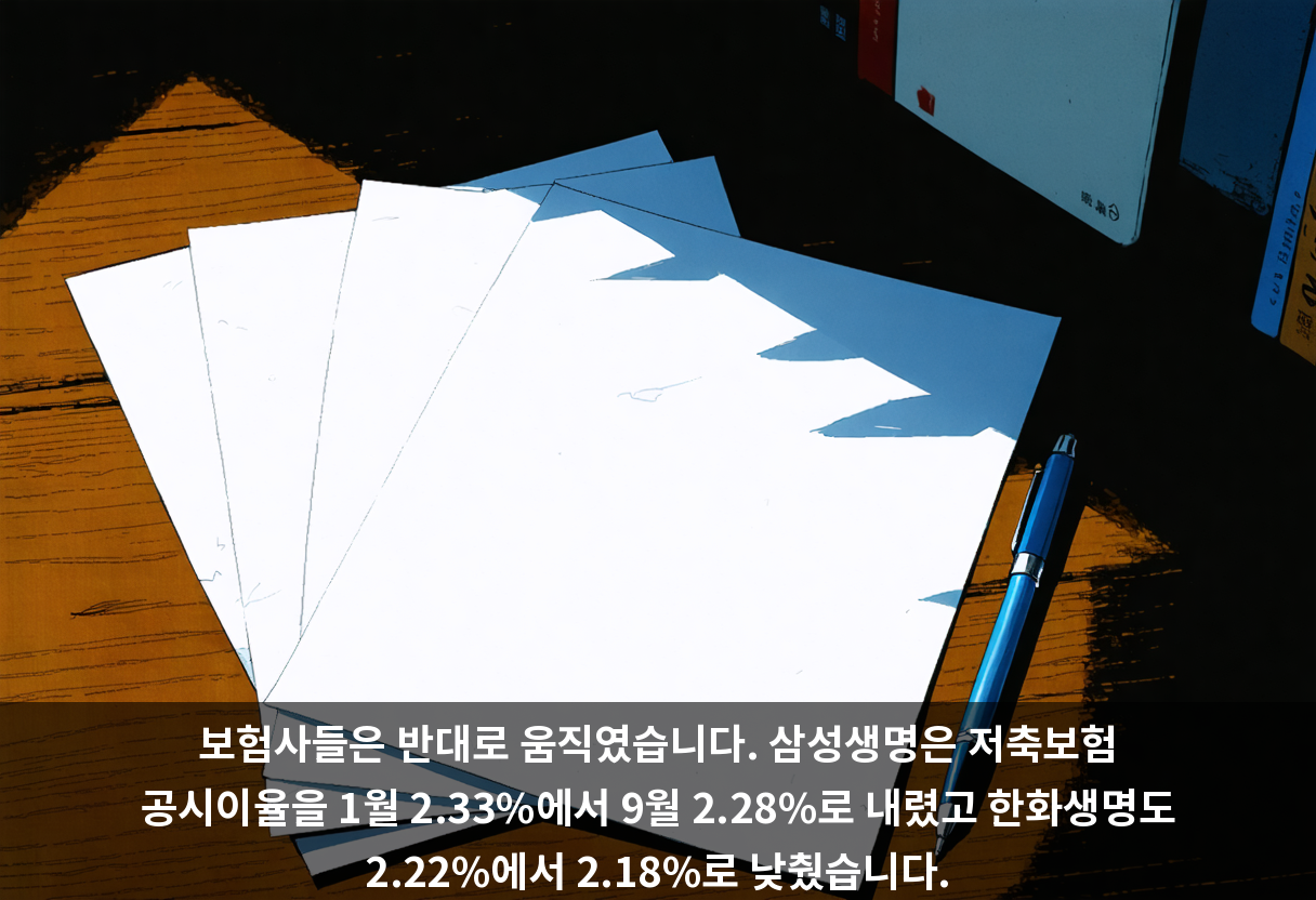 보험사들은 반대로 움직였습니다. 삼성생명은 저축보험 공시이율을 1월 2.33%에서 9월 2.28%로 내렸고 한화생명도 2.22%에서 2.18%로 낮췄습니다.