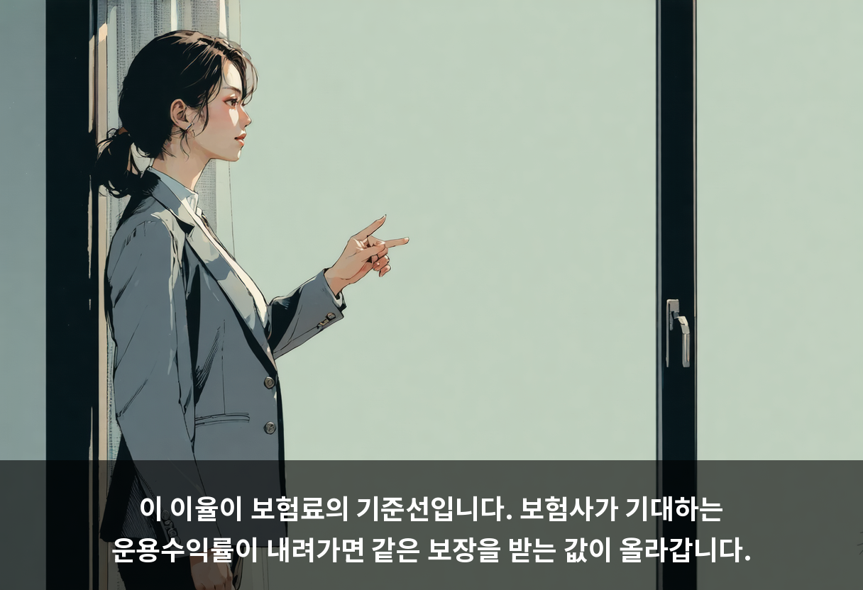 이 이율이 보험료의 기준선입니다. 보험사가 기대하는 운용수익률이 내려가면 같은 보장을 받는 값이 올라갑니다.