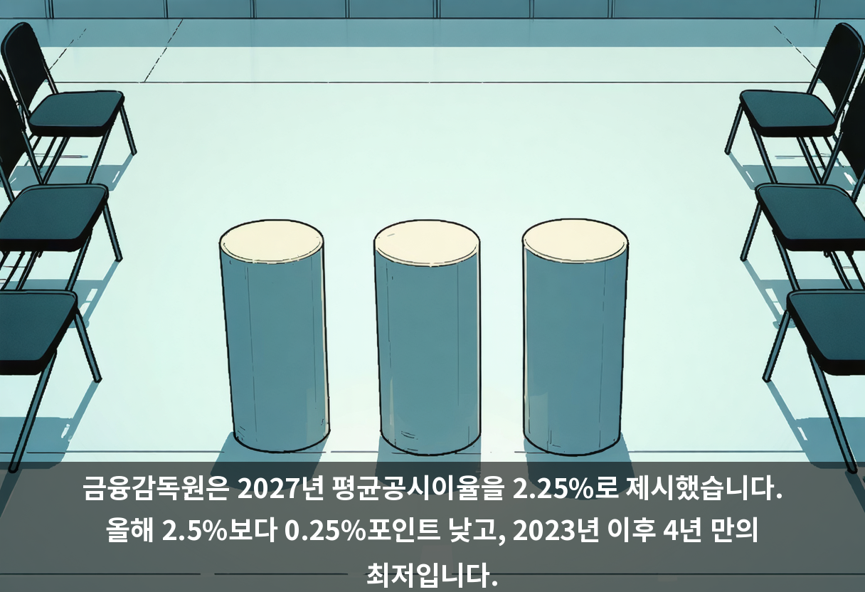 금융감독원은 2027년 평균공시이율을 2.25%로 제시했습니다. 올해 2.5%보다 0.25%포인트 낮고, 2023년 이후 4년 만의 최저입니다.