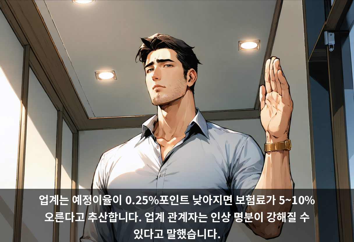 업계는 예정이율이 0.25%포인트 낮아지면 보험료가 5~10% 오른다고 추산합니다. 업계 관계자는 인상 명분이 강해질 수 있다고 말했습니다.