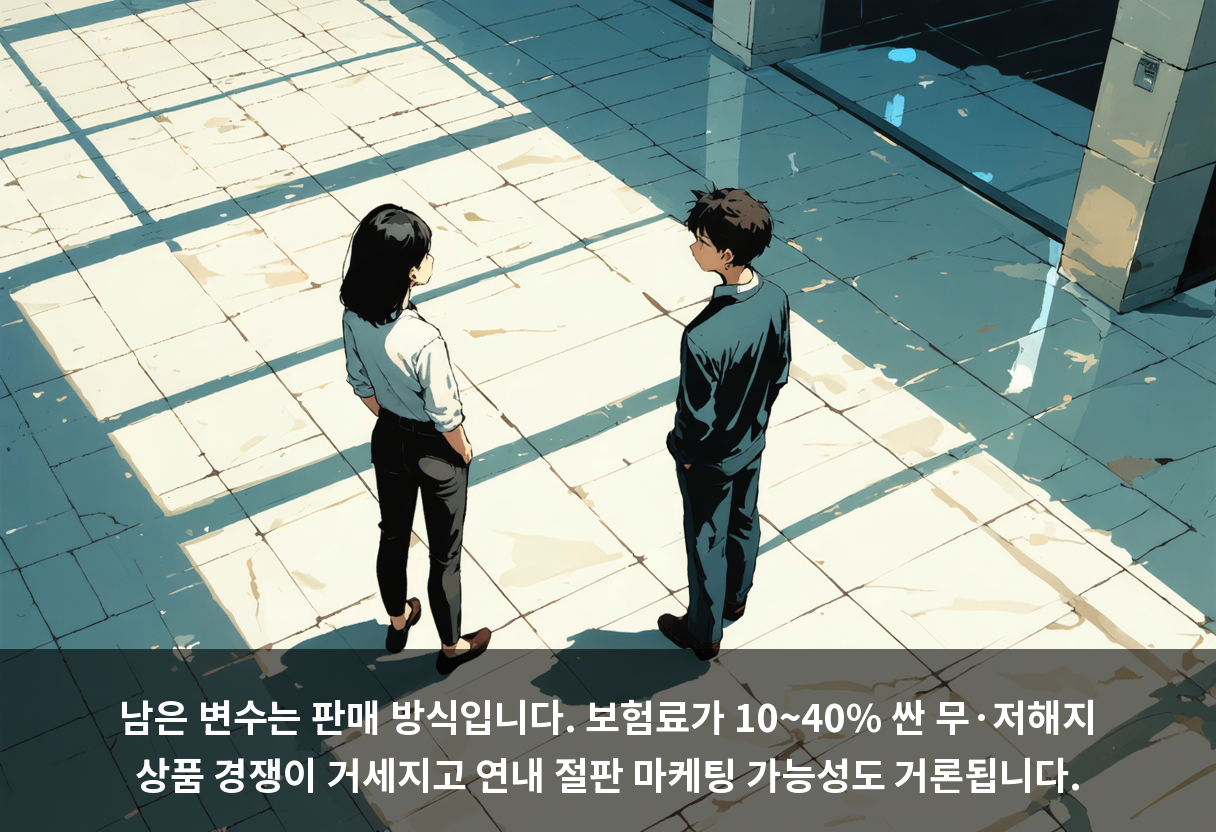 남은 변수는 판매 방식입니다. 보험료가 10~40% 싼 무·저해지 상품 경쟁이 거세지고 연내 절판 마케팅 가능성도 거론됩니다.