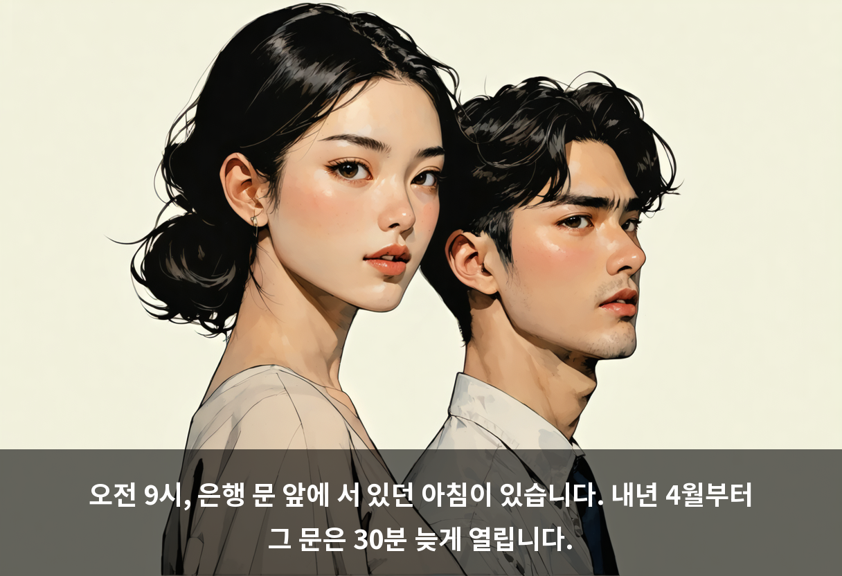 오전 9시, 은행 문 앞에 서 있던 아침이 있습니다. 내년 4월부터 그 문은 30분 늦게 열립니다.