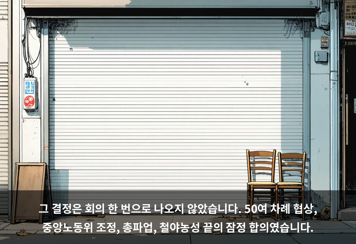 그 결정은 회의 한 번으로 나오지 않았습니다. 50여 차례 협상, 중앙노동위 조정, 총파업, 철야농성 끝의 잠정 합의였습니다.