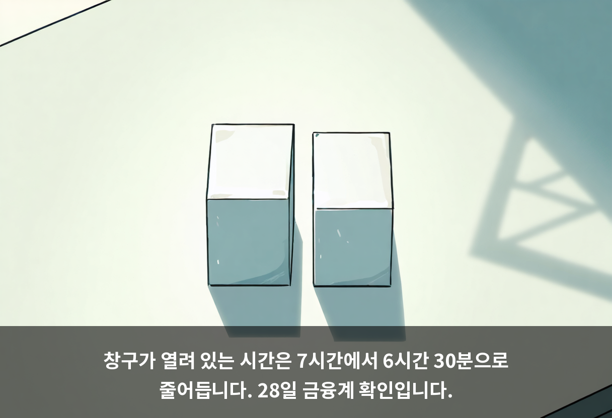 창구가 열려 있는 시간은 7시간에서 6시간 30분으로 줄어듭니다. 28일 금융계 확인입니다.