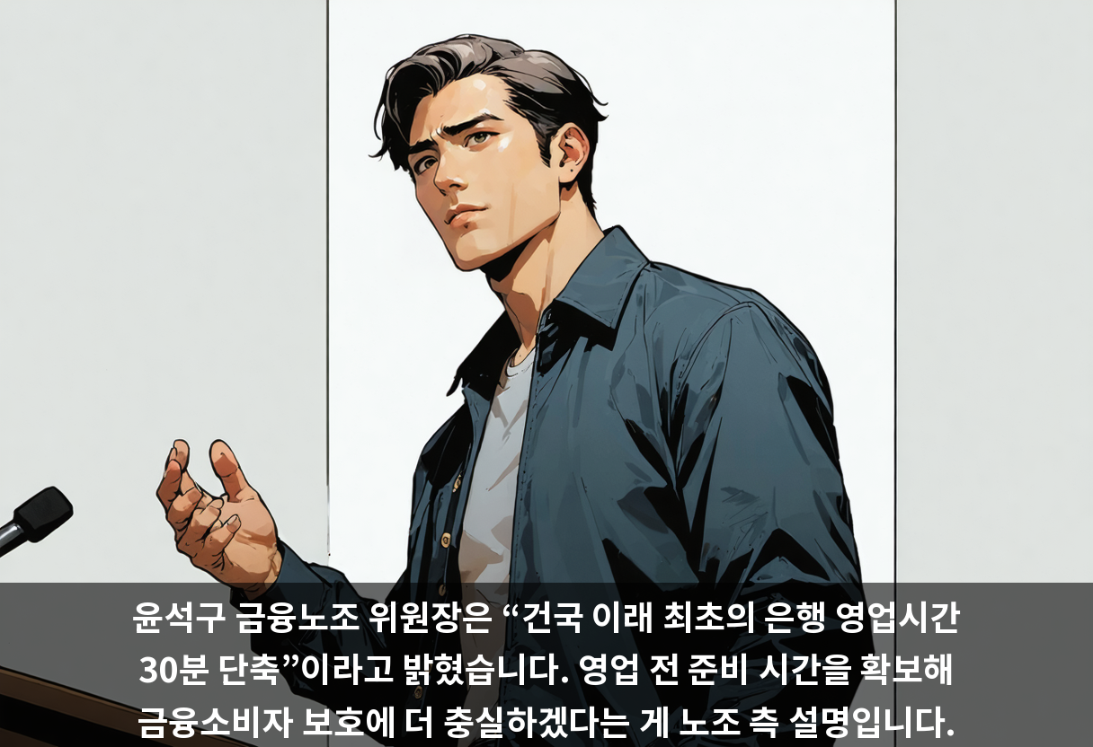 윤석구 금융노조 위원장은 “건국 이래 최초의 은행 영업시간 30분 단축”이라고 밝혔습니다. 영업 전 준비 시간을 확보해 금융소비자 보호에 더 충실하겠다는 게 노조 측 설명입니다.