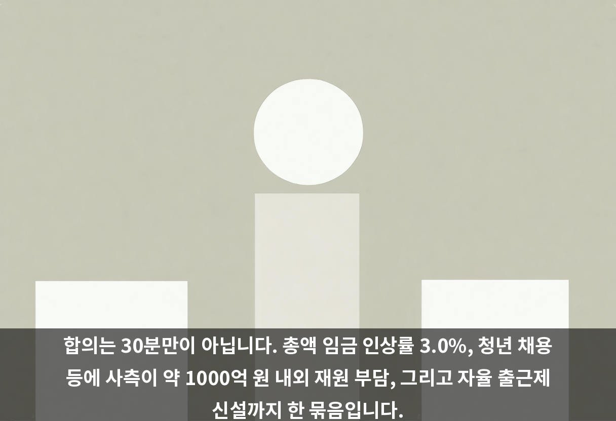 합의는 30분만이 아닙니다. 총액 임금 인상률 3.0%, 청년 채용 등에 사측이 약 1000억 원 내외 재원 부담, 그리고 자율 출근제 신설까지 한 묶음입니다.
