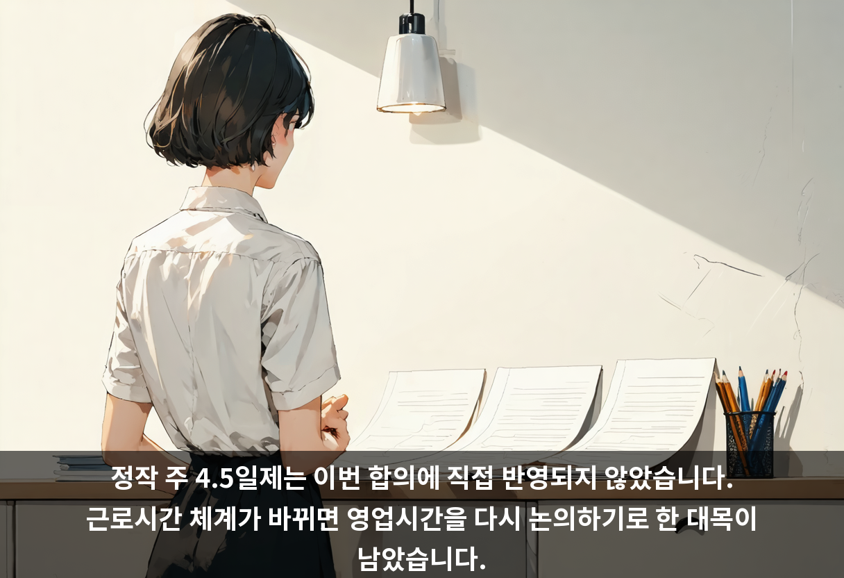 정작 주 4.5일제는 이번 합의에 직접 반영되지 않았습니다. 근로시간 체계가 바뀌면 영업시간을 다시 논의하기로 한 대목이 남았습니다.