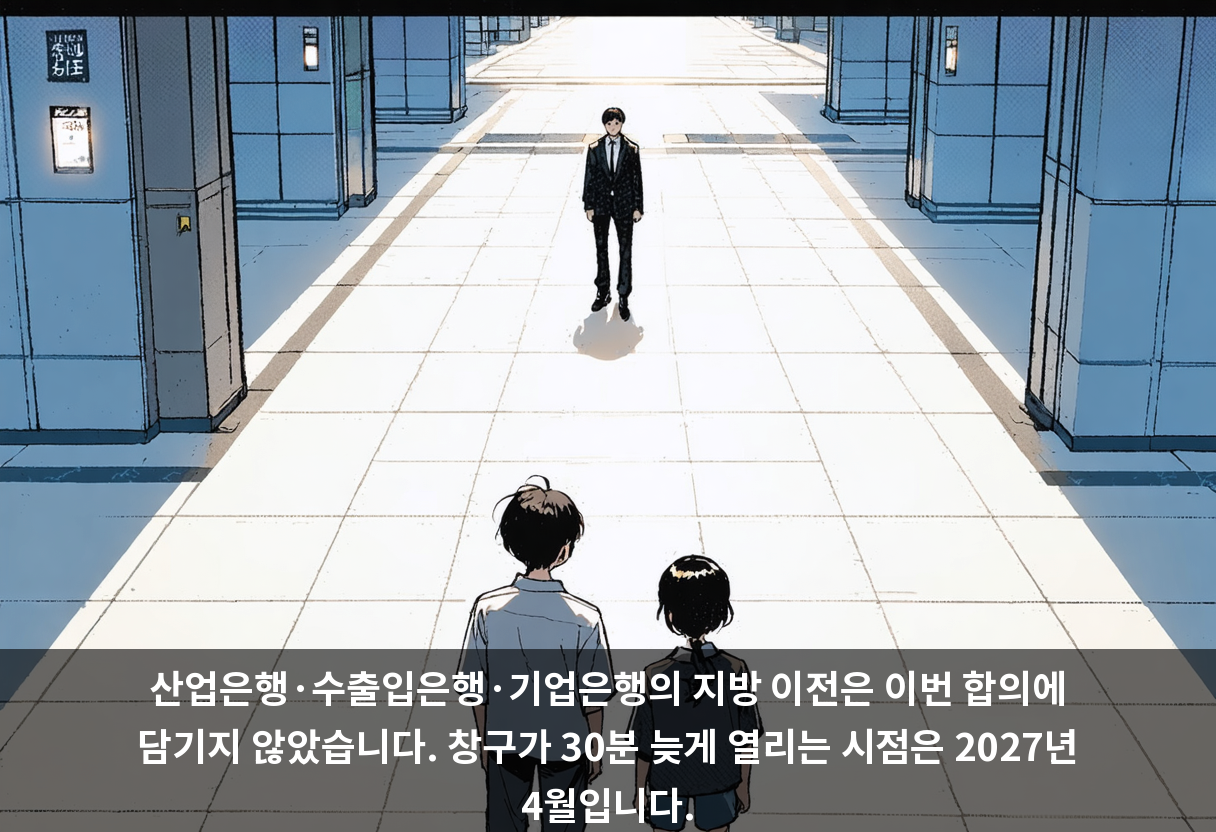 산업은행·수출입은행·기업은행의 지방 이전은 이번 합의에 담기지 않았습니다. 창구가 30분 늦게 열리는 시점은 2027년 4월입니다.