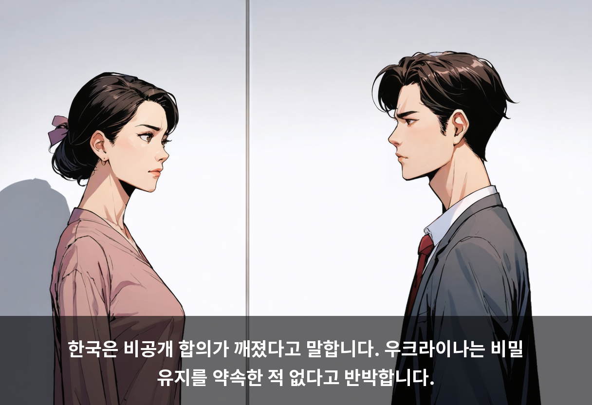 한국은 비공개 합의가 깨졌다고 말합니다. 우크라이나는 비밀 유지를 약속한 적 없다고 반박합니다.