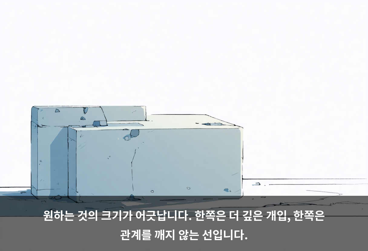 원하는 것의 크기가 어긋납니다. 한쪽은 더 깊은 개입, 한쪽은 관계를 깨지 않는 선입니다.