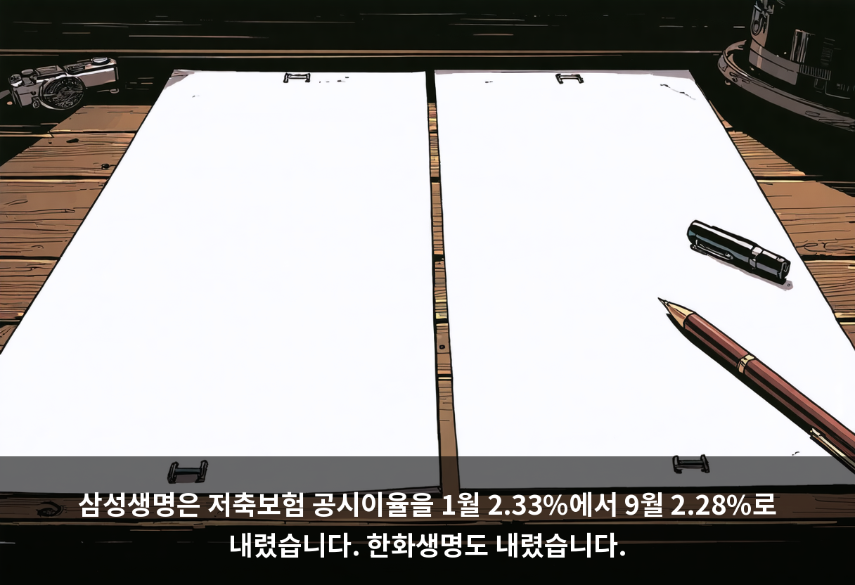삼성생명은 저축보험 공시이율을 1월 2.33%에서 9월 2.28%로 내렸습니다. 한화생명도 내렸습니다.