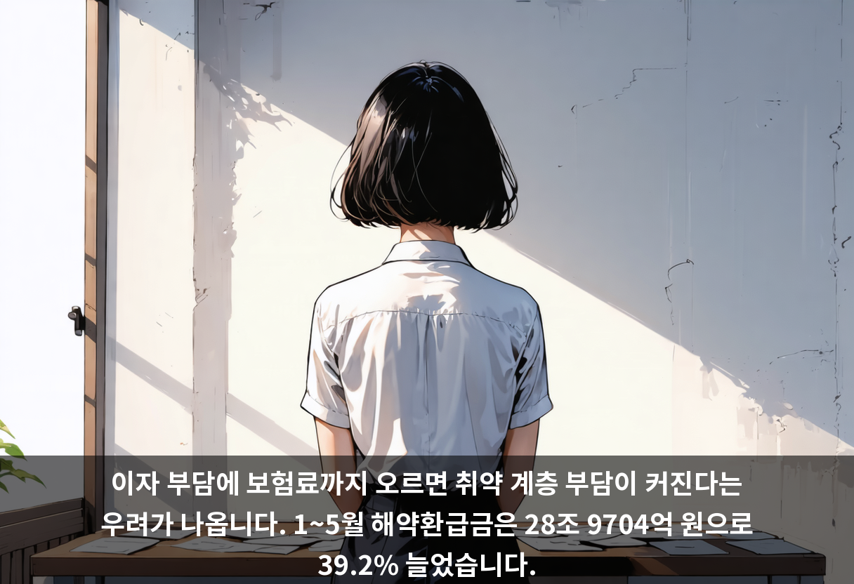 이자 부담에 보험료까지 오르면 취약 계층 부담이 커진다는 우려가 나옵니다. 1~5월 해약환급금은 28조 9704억 원으로 39.2% 늘었습니다.