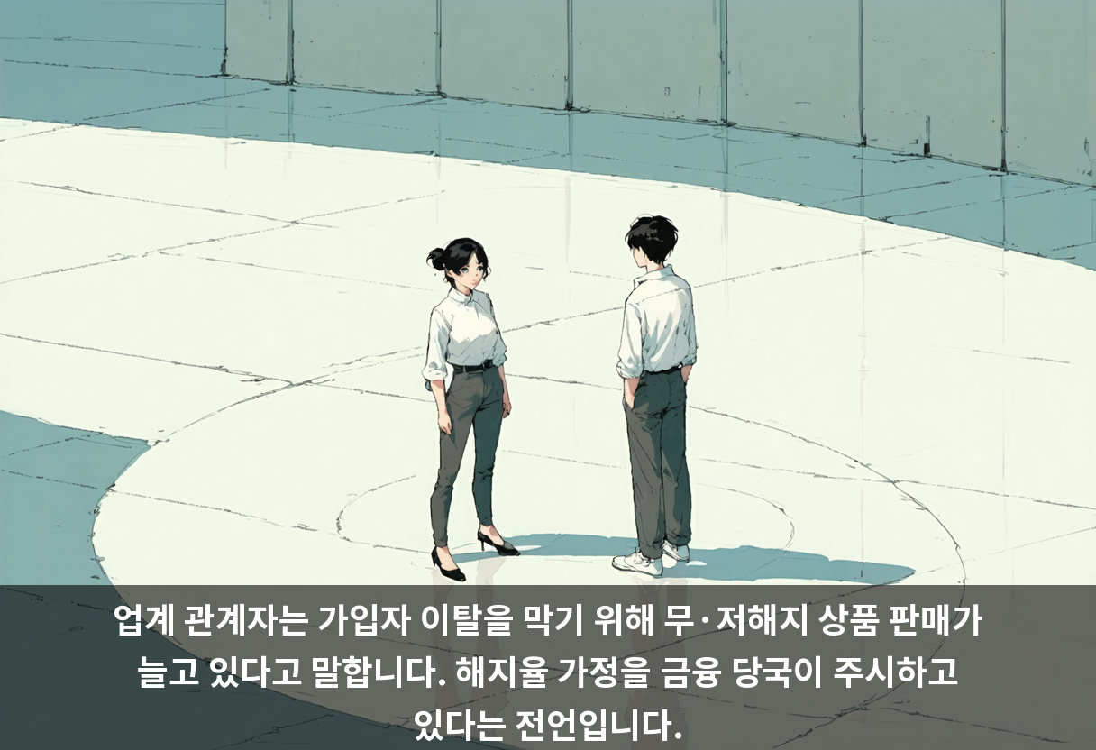 업계 관계자는 가입자 이탈을 막기 위해 무·저해지 상품 판매가 늘고 있다고 말합니다. 해지율 가정을 금융 당국이 주시하고 있다는 전언입니다.