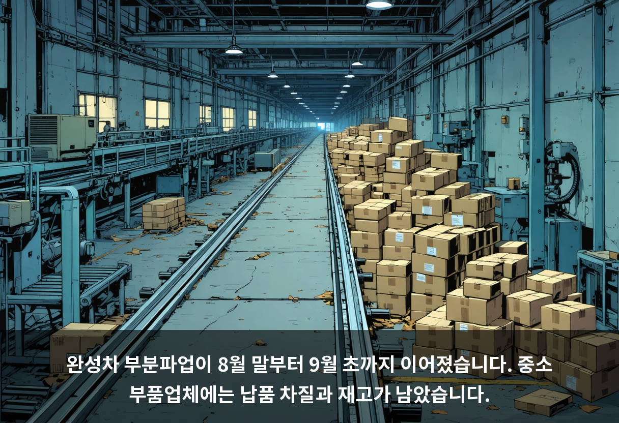 완성차 부분파업이 8월 말부터 9월 초까지 이어졌습니다. 중소 부품업체에는 납품 차질과 재고가 남았습니다.