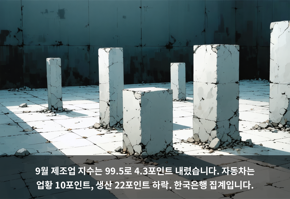 9월 제조업 지수는 99.5로 4.3포인트 내렸습니다. 자동차는 업황 10포인트, 생산 22포인트 하락. 한국은행 집계입니다.