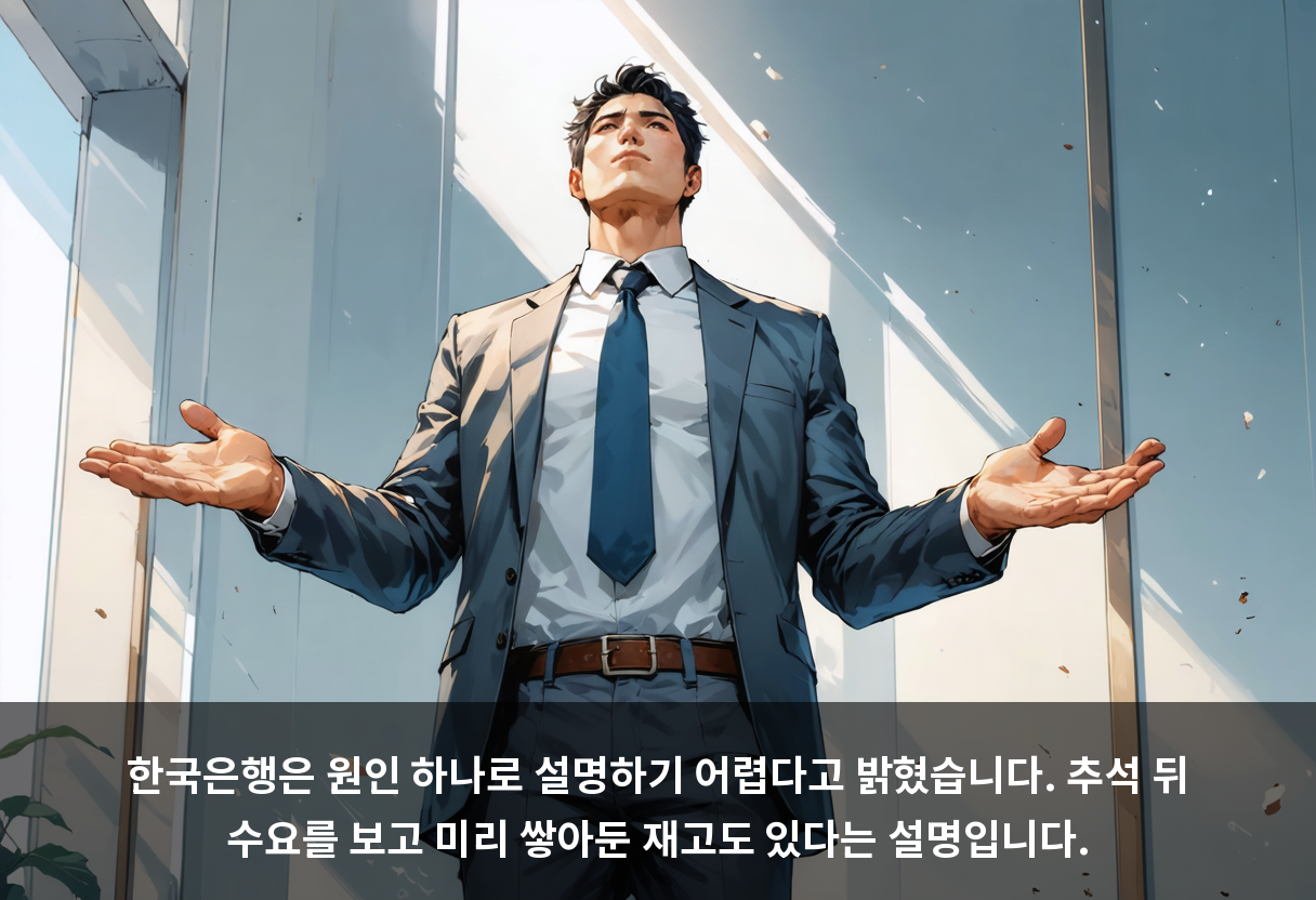 한국은행은 원인 하나로 설명하기 어렵다고 밝혔습니다. 추석 뒤 수요를 보고 미리 쌓아둔 재고도 있다는 설명입니다.