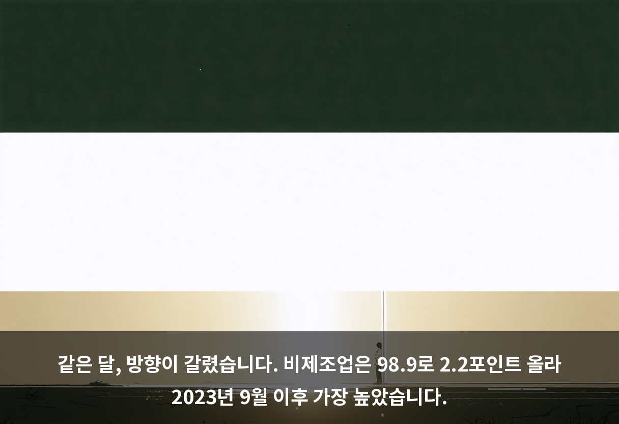 같은 달, 방향이 갈렸습니다. 비제조업은 98.9로 2.2포인트 올라 2023년 9월 이후 가장 높았습니다.