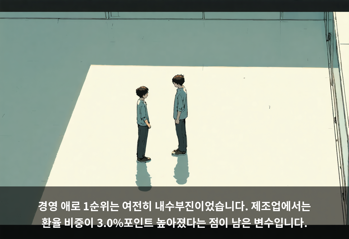 경영 애로 1순위는 여전히 내수부진이었습니다. 제조업에서는 환율 비중이 3.0%포인트 높아졌다는 점이 남은 변수입니다.