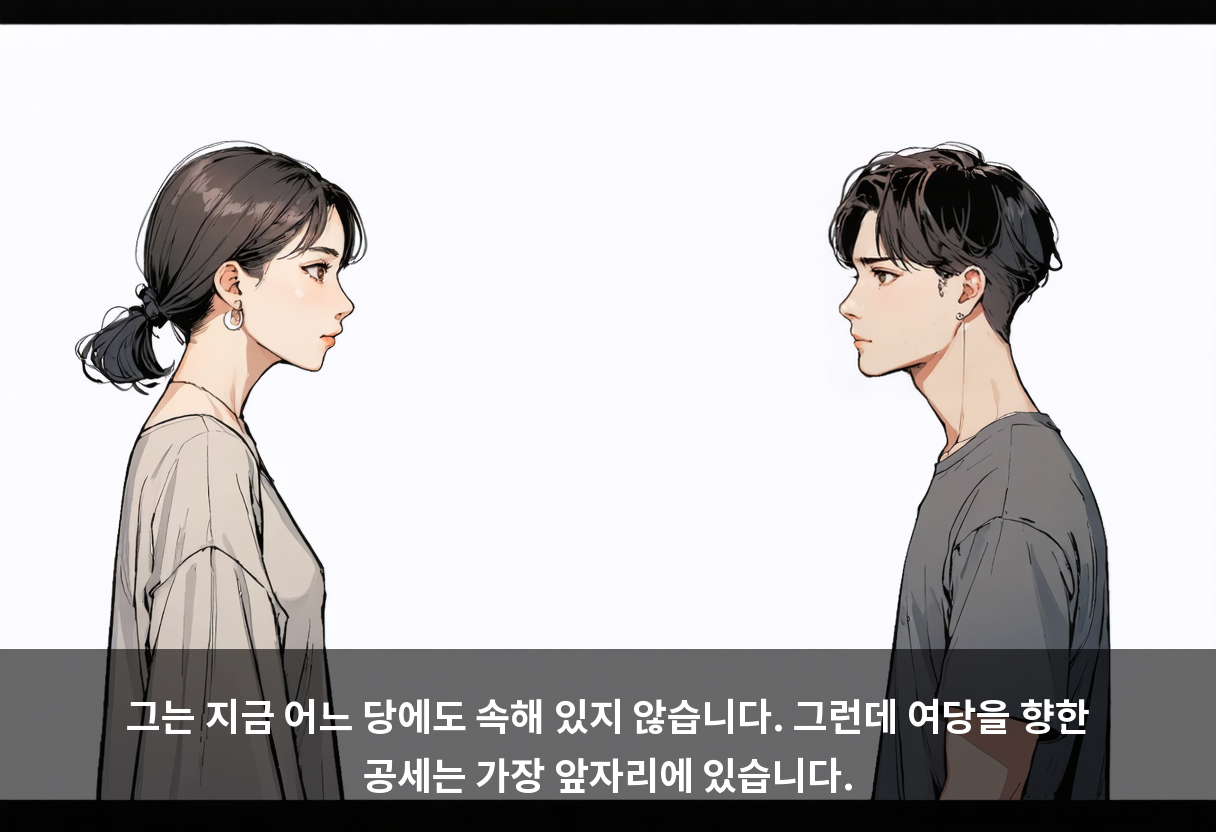 그는 지금 어느 당에도 속해 있지 않습니다. 그런데 여당을 향한 공세는 가장 앞자리에 있습니다.