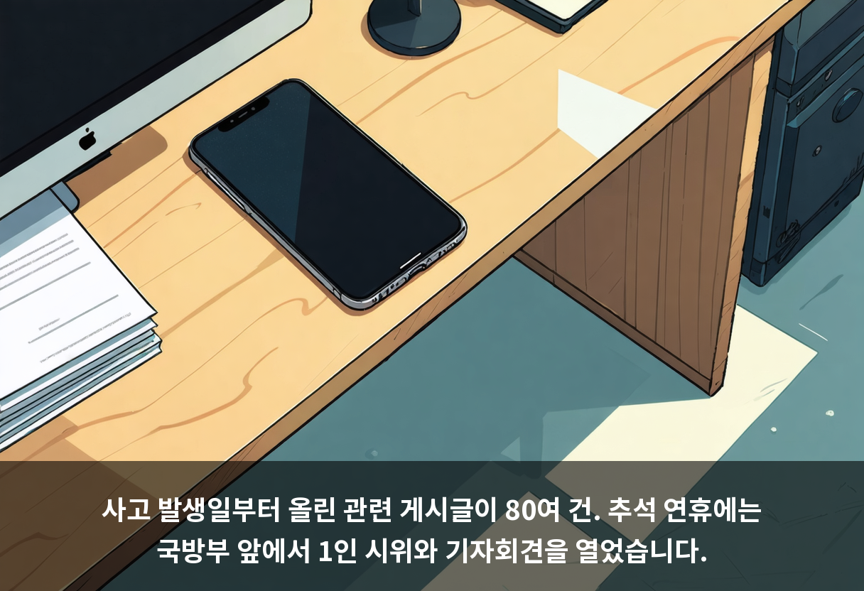 사고 발생일부터 올린 관련 게시글이 80여 건. 추석 연휴에는 국방부 앞에서 1인 시위와 기자회견을 열었습니다.