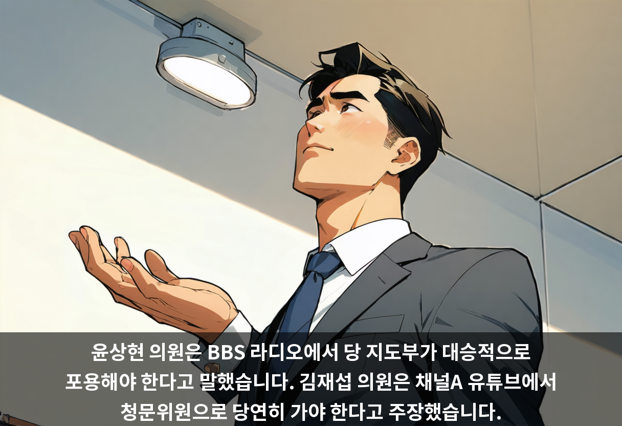 윤상현 의원은 BBS 라디오에서 당 지도부가 대승적으로 포용해야 한다고 말했습니다. 김재섭 의원은 채널A 유튜브에서 청문위원으로 당연히 가야 한다고 주장했습니다.
