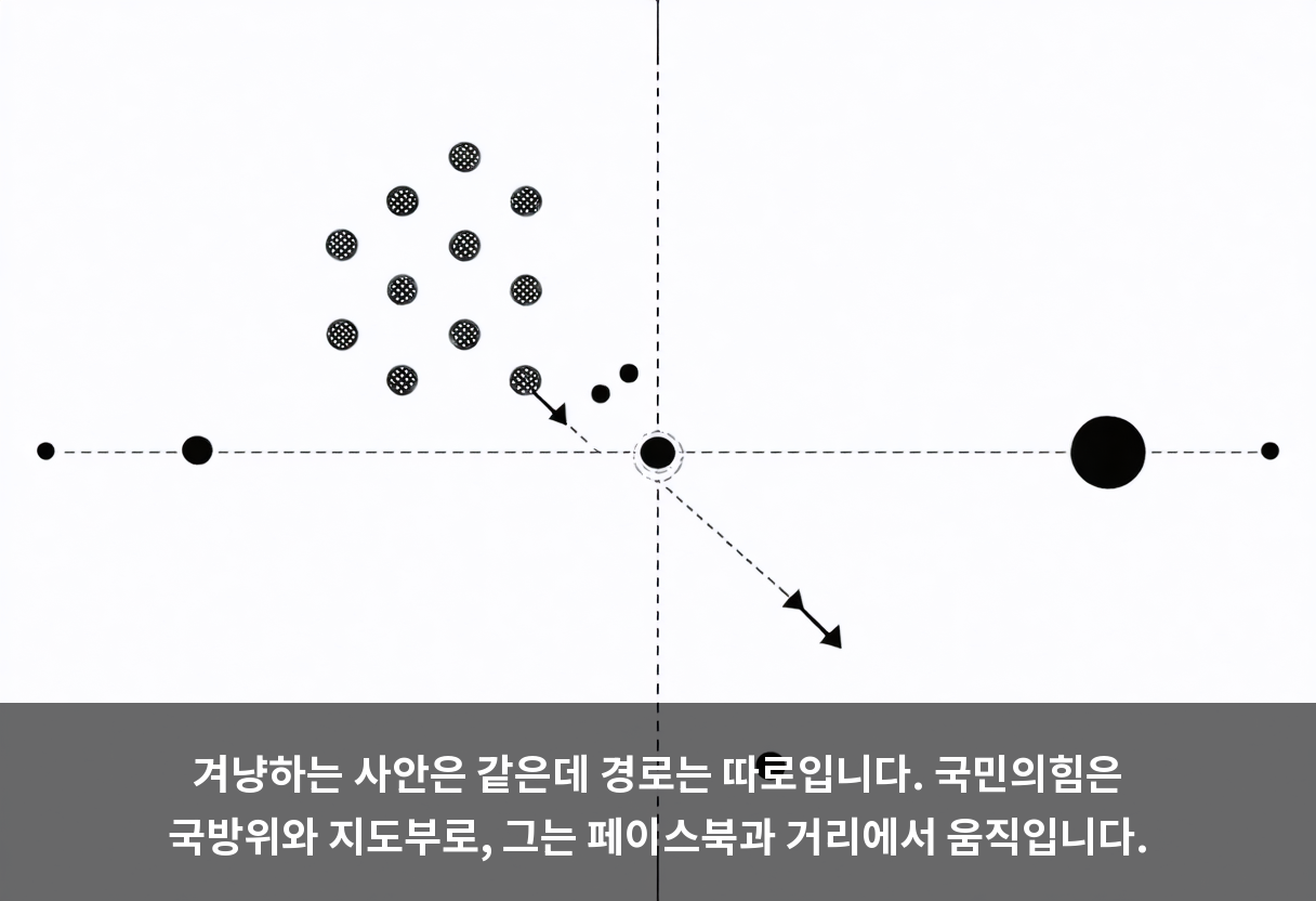 겨냥하는 사안은 같은데 경로는 따로입니다. 국민의힘은 국방위와 지도부로, 그는 페이스북과 거리에서 움직입니다.