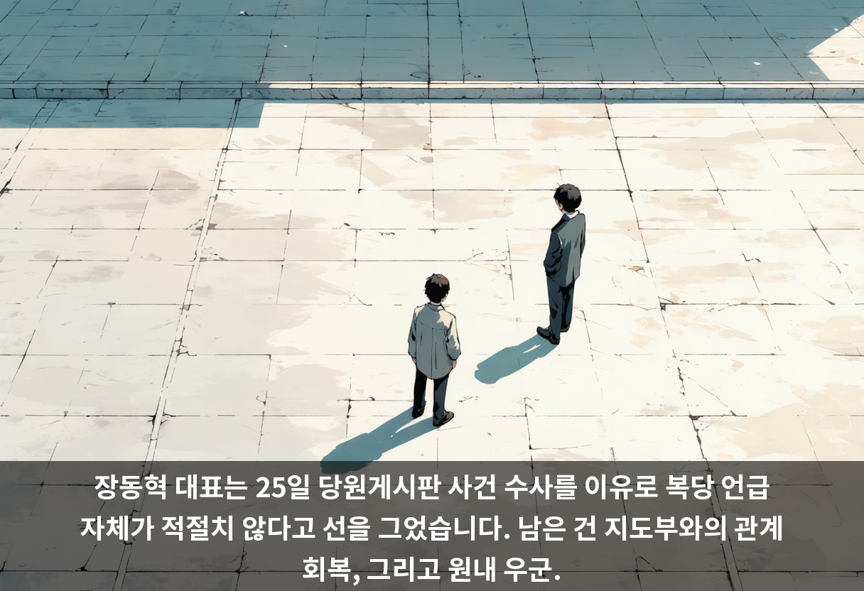 장동혁 대표는 25일 당원게시판 사건 수사를 이유로 복당 언급 자체가 적절치 않다고 선을 그었습니다. 남은 건 지도부와의 관계 회복, 그리고 원내 우군.