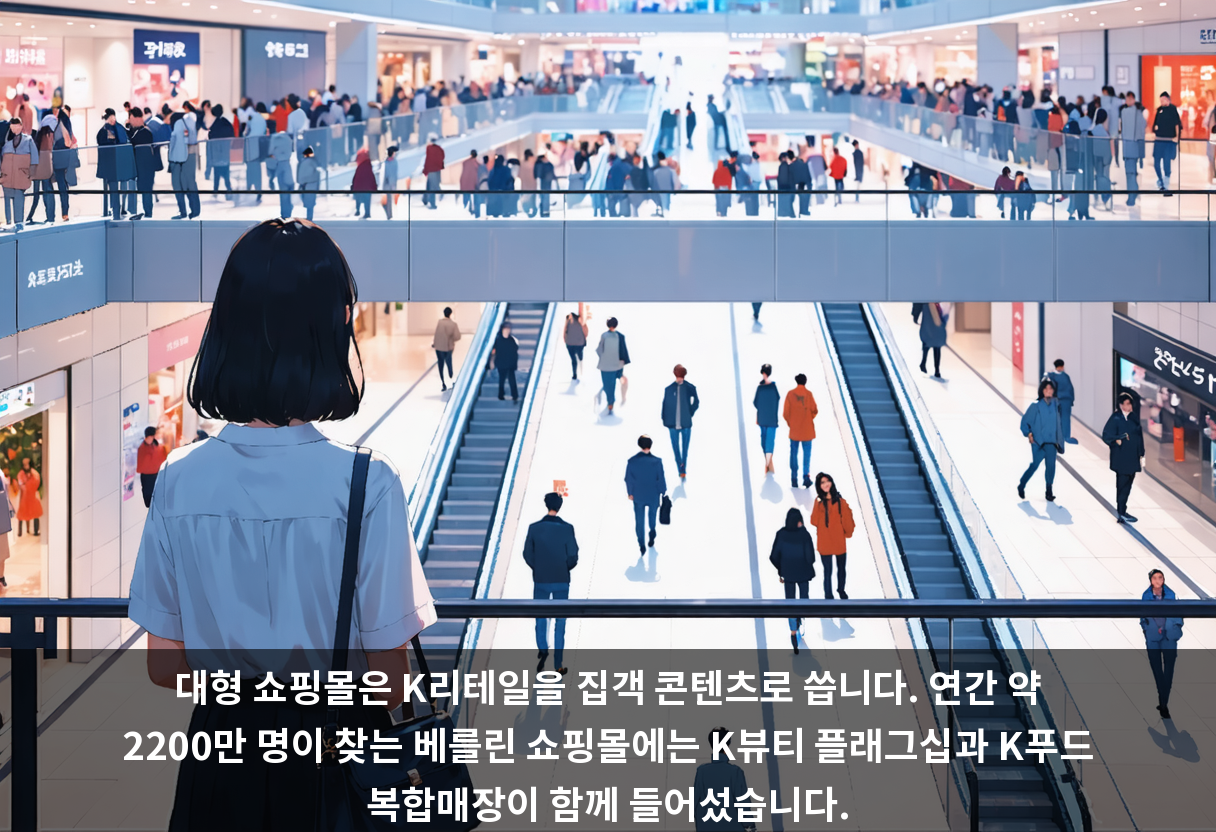 대형 쇼핑몰은 K리테일을 집객 콘텐츠로 씁니다. 연간 약 2200만 명이 찾는 베를린 쇼핑몰에는 K뷰티 플래그십과 K푸드 복합매장이 함께 들어섰습니다.