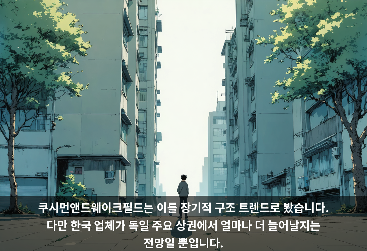 쿠시먼앤드웨이크필드는 이를 장기적 구조 트렌드로 봤습니다. 다만 한국 업체가 독일 주요 상권에서 얼마나 더 늘어날지는 전망일 뿐입니다.