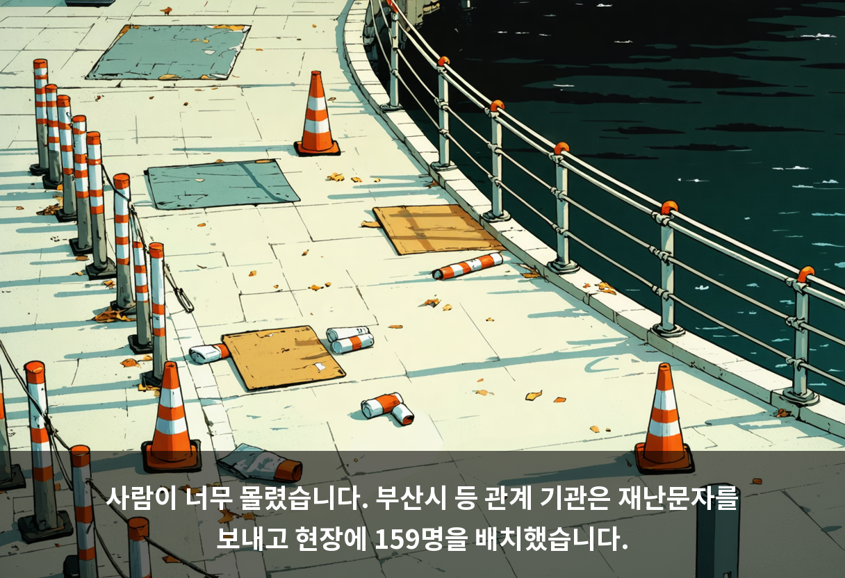 사람이 너무 몰렸습니다. 부산시 등 관계 기관은 재난문자를 보내고 현장에 159명을 배치했습니다.