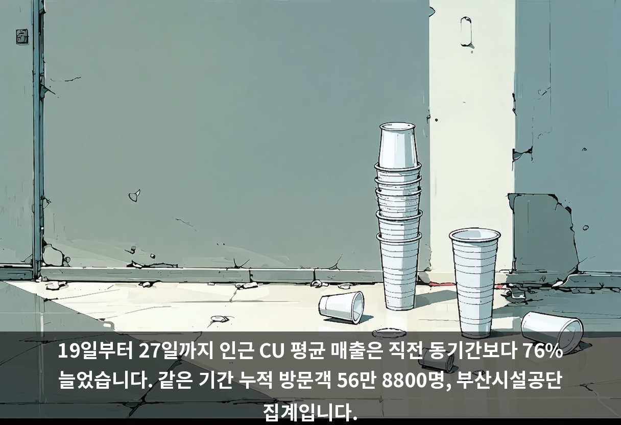 19일부터 27일까지 인근 CU 평균 매출은 직전 동기간보다 76% 늘었습니다. 같은 기간 누적 방문객 56만 8800명, 부산시설공단 집계입니다.