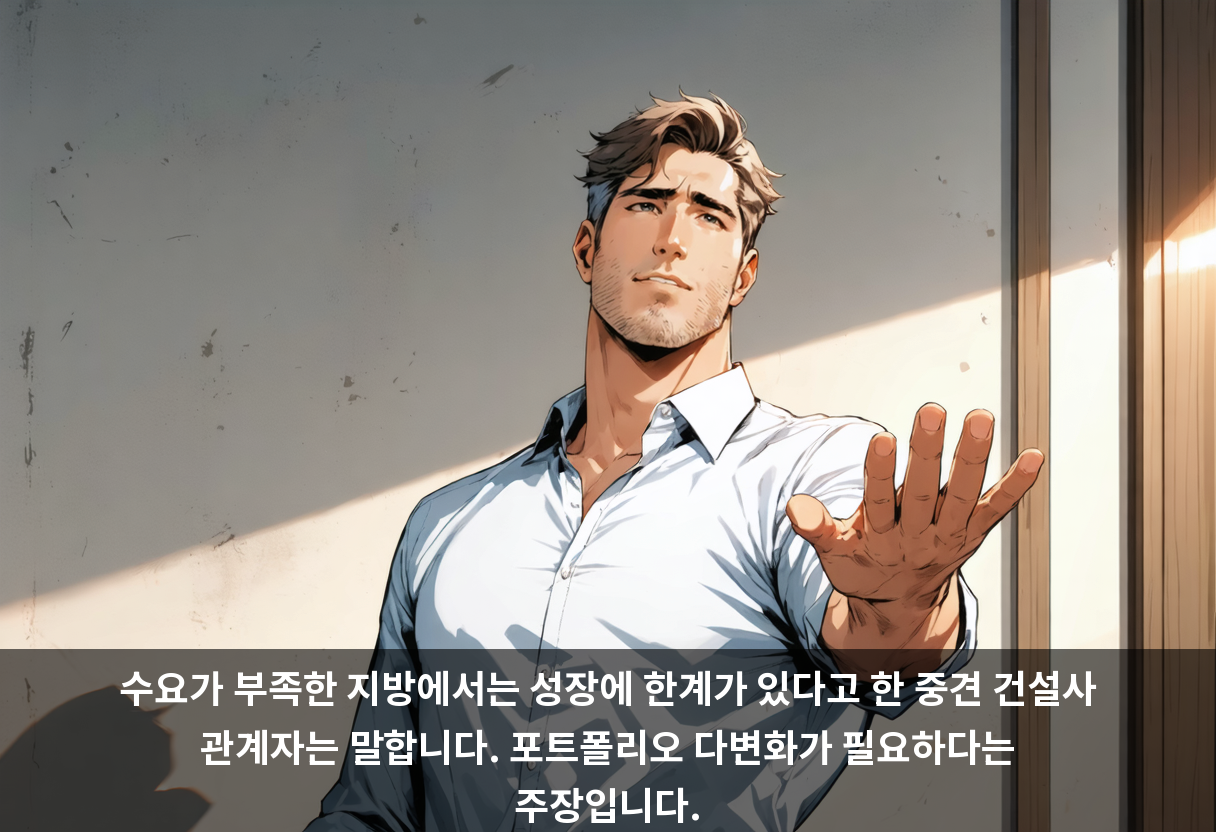 수요가 부족한 지방에서는 성장에 한계가 있다고 한 중견 건설사 관계자는 말합니다. 포트폴리오 다변화가 필요하다는 주장입니다.