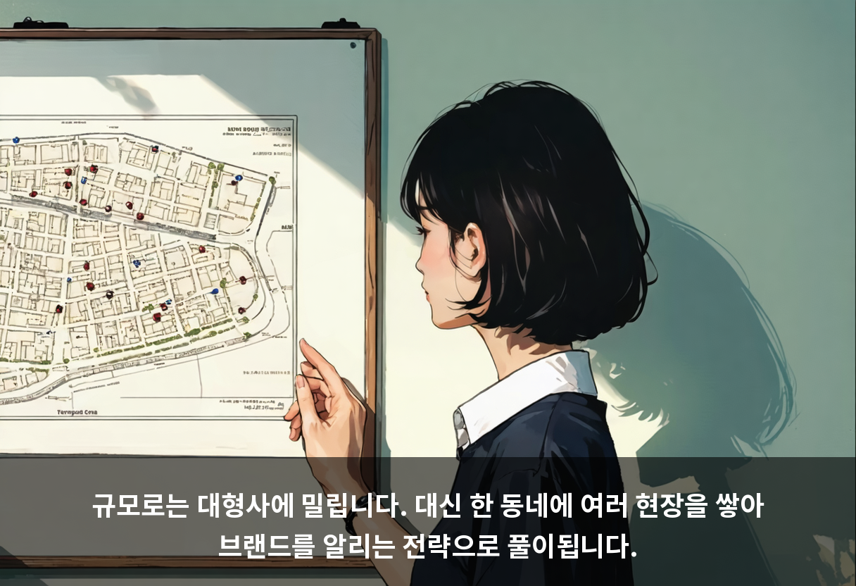 규모로는 대형사에 밀립니다. 대신 한 동네에 여러 현장을 쌓아 브랜드를 알리는 전략으로 풀이됩니다.