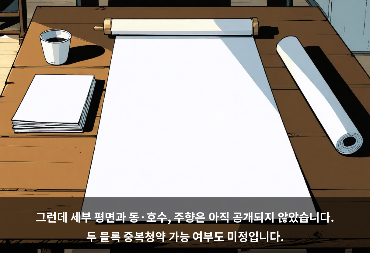 그런데 세부 평면과 동·호수, 주향은 아직 공개되지 않았습니다. 두 블록 중복청약 가능 여부도 미정입니다.