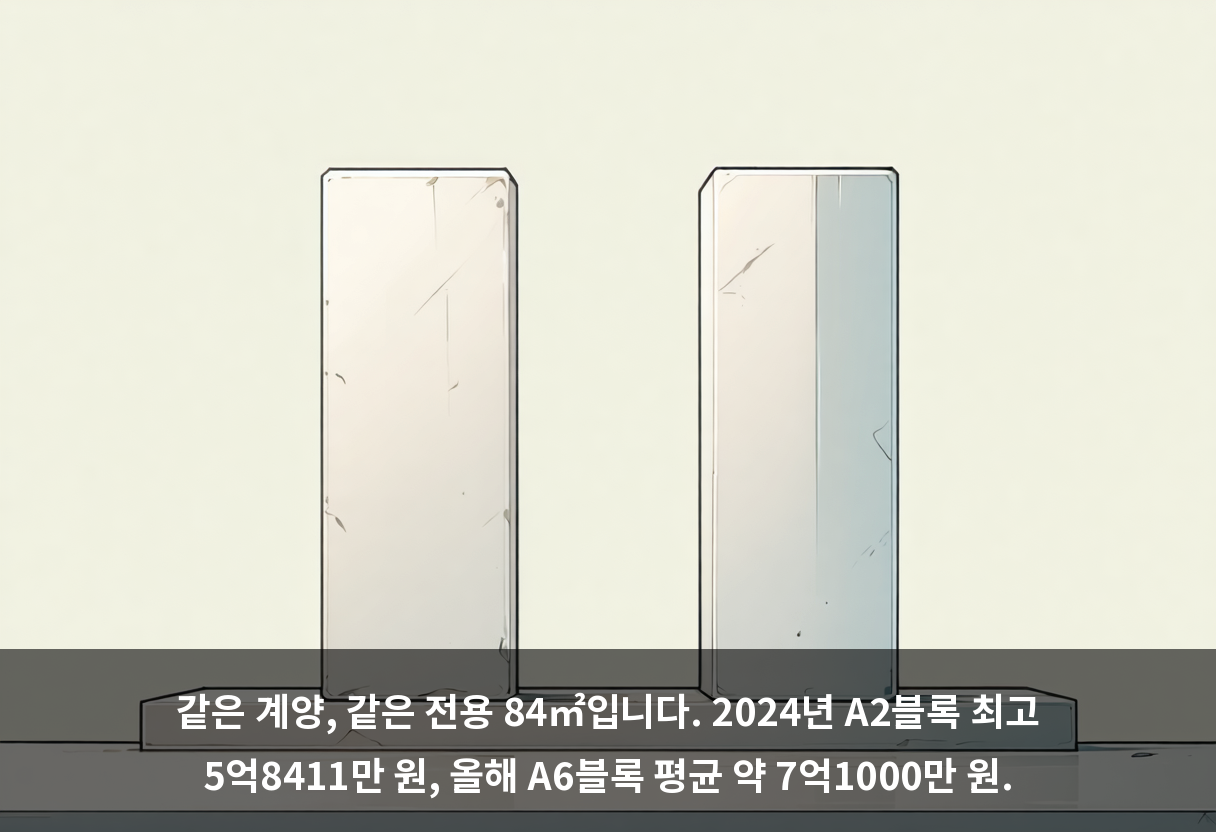 같은 계양, 같은 전용 84㎡입니다. 2024년 A2블록 최고 5억8411만 원, 올해 A6블록 평균 약 7억1000만 원.