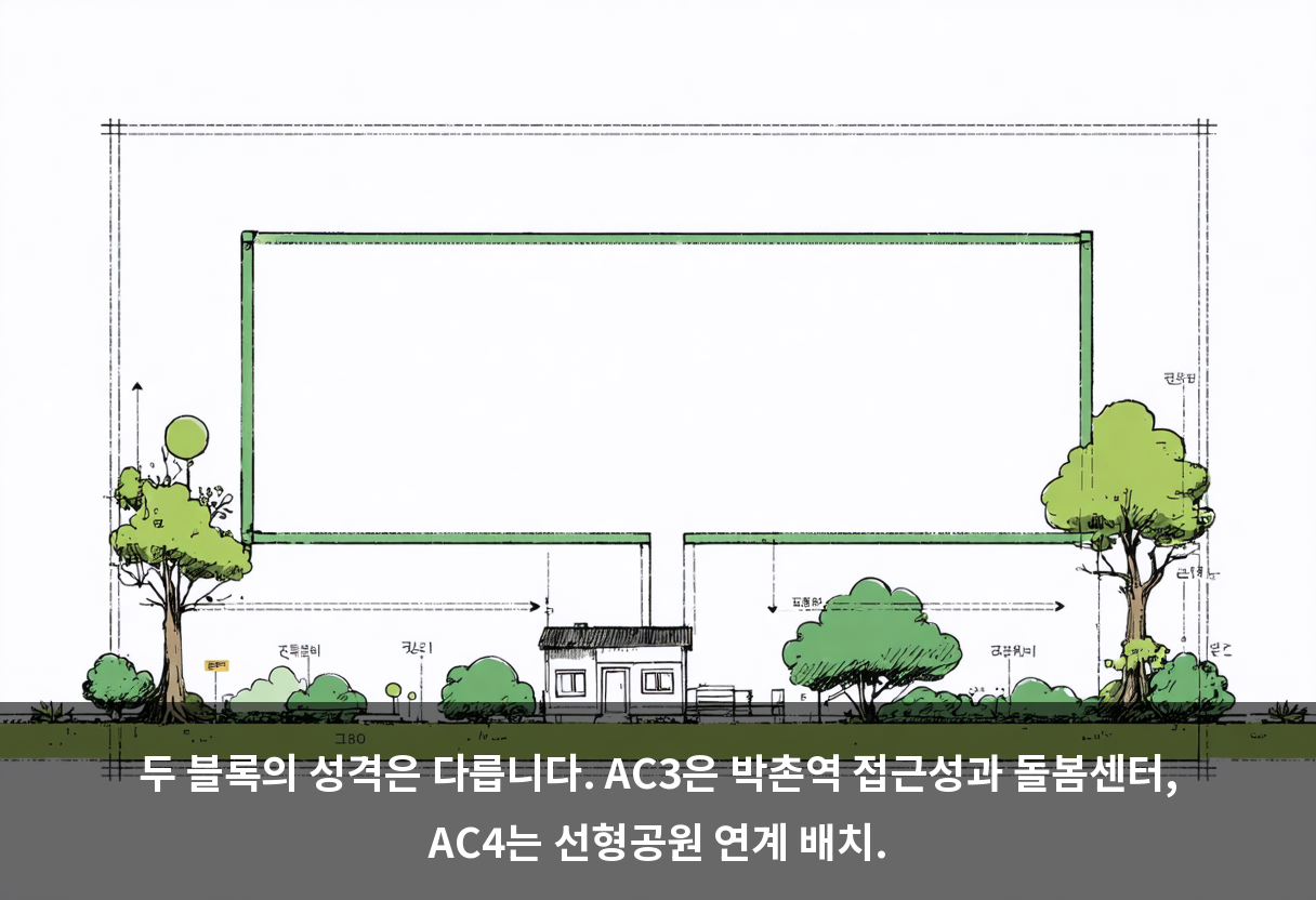 두 블록의 성격은 다릅니다. AC3은 박촌역 접근성과 돌봄센터, AC4는 선형공원 연계 배치.
