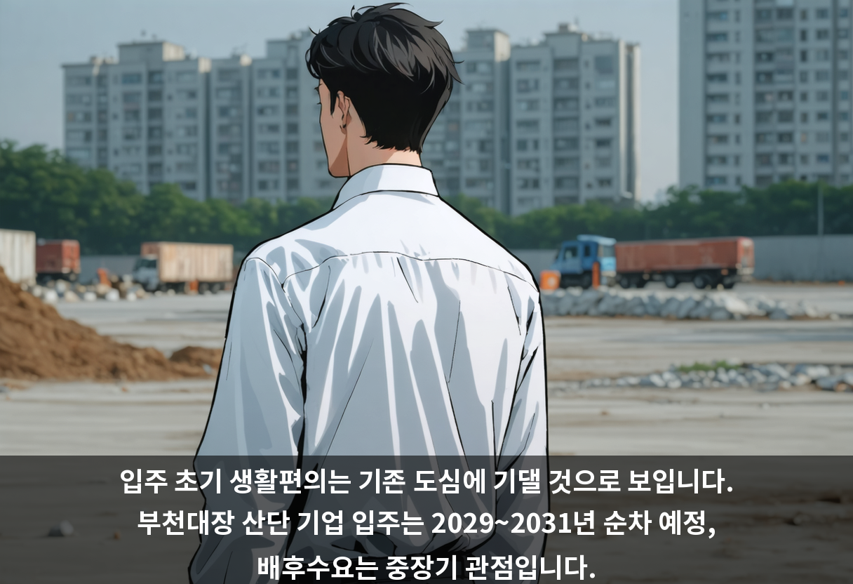입주 초기 생활편의는 기존 도심에 기댈 것으로 보입니다. 부천대장 산단 기업 입주는 2029~2031년 순차 예정, 배후수요는 중장기 관점입니다.