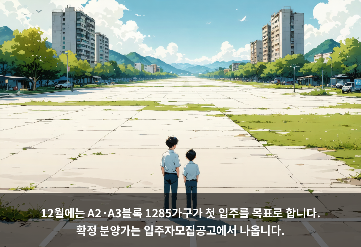 12월에는 A2·A3블록 1285가구가 첫 입주를 목표로 합니다. 확정 분양가는 입주자모집공고에서 나옵니다.