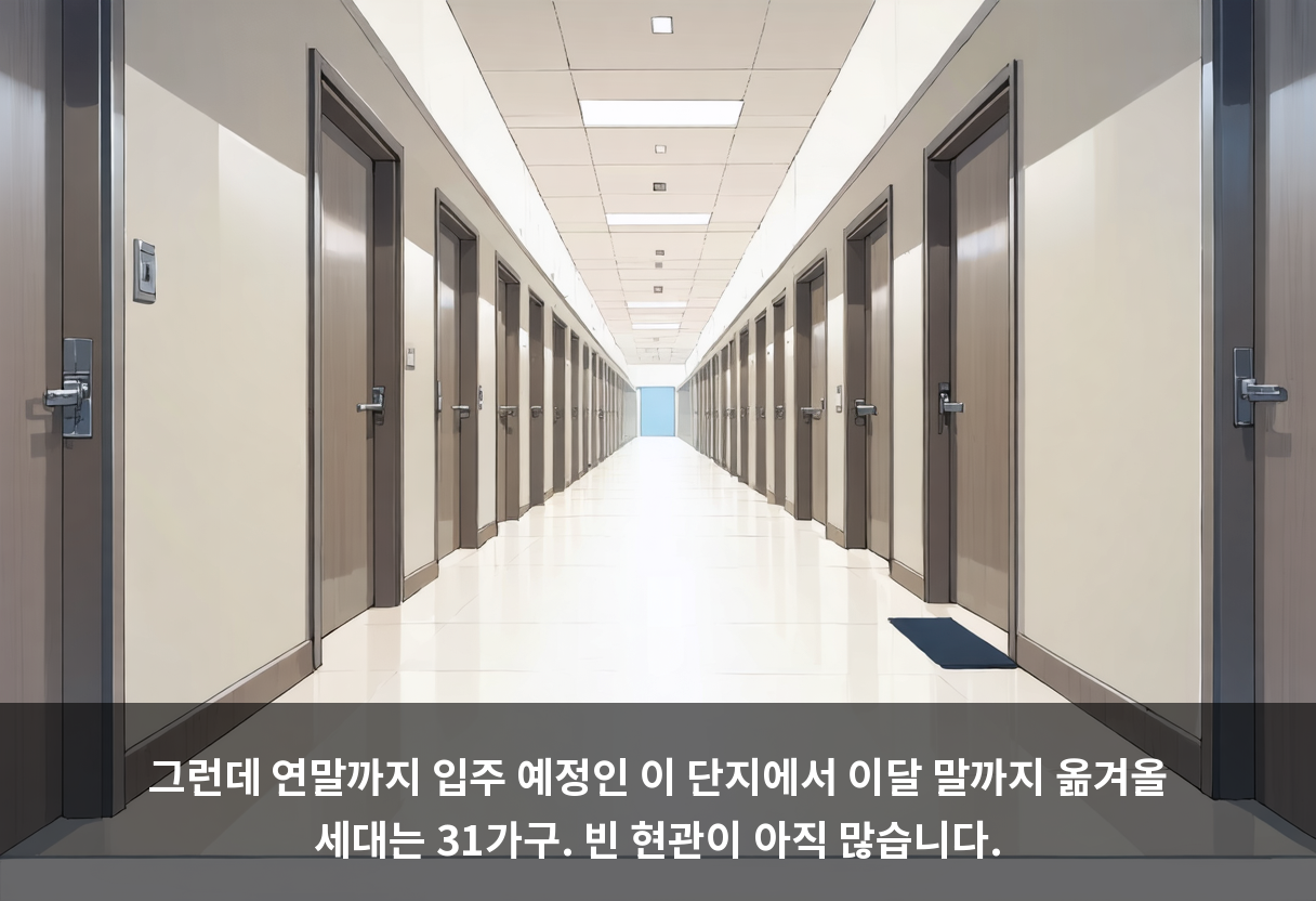 그런데 연말까지 입주 예정인 이 단지에서 이달 말까지 옮겨올 세대는 31가구. 빈 현관이 아직 많습니다.