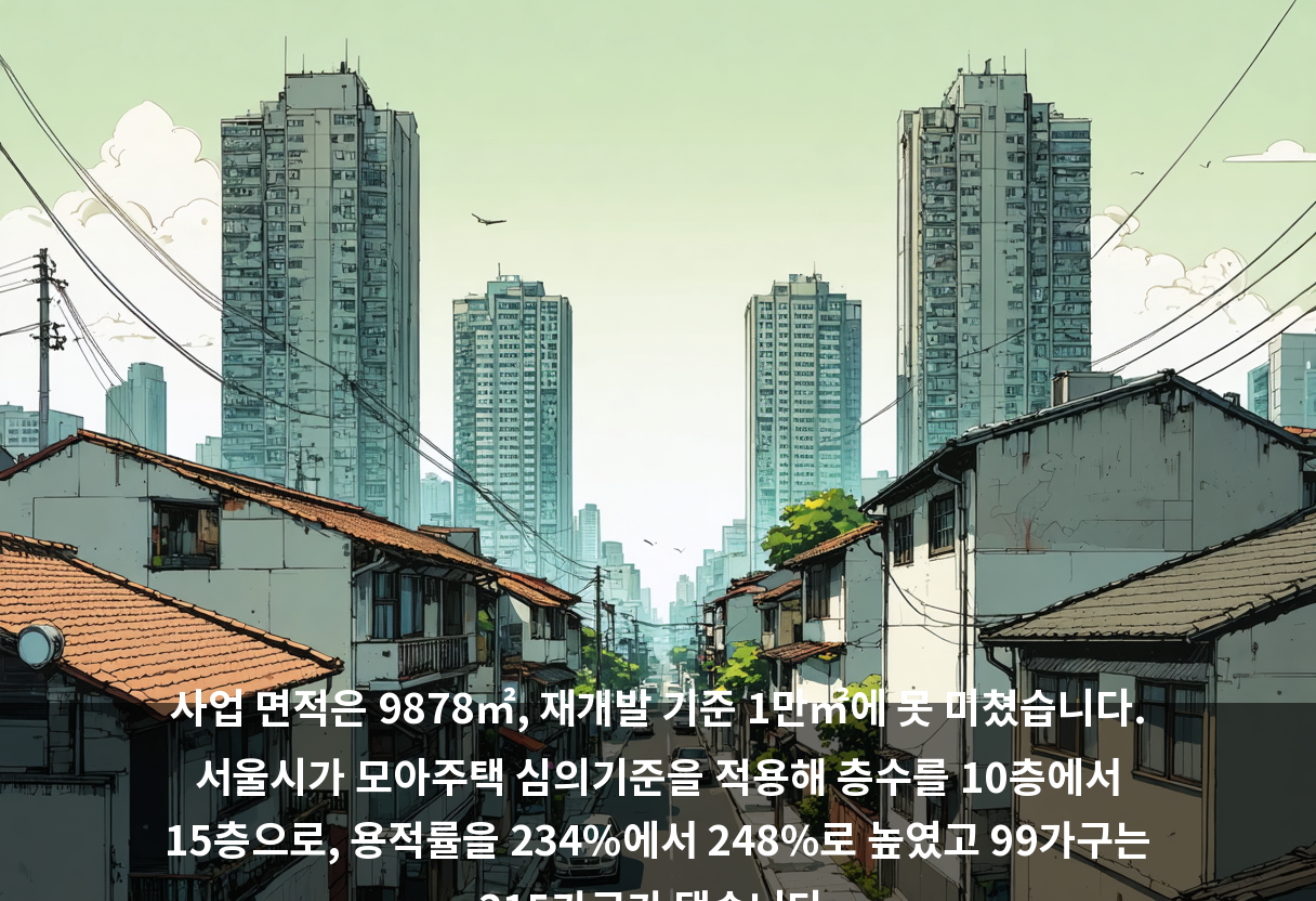 사업 면적은 9878㎡, 재개발 기준 1만㎡에 못 미쳤습니다. 서울시가 모아주택 심의기준을 적용해 층수를 10층에서 15층으로, 용적률을 234%에서 248%로 높였고 99가구는 215가구가 됐습니다.