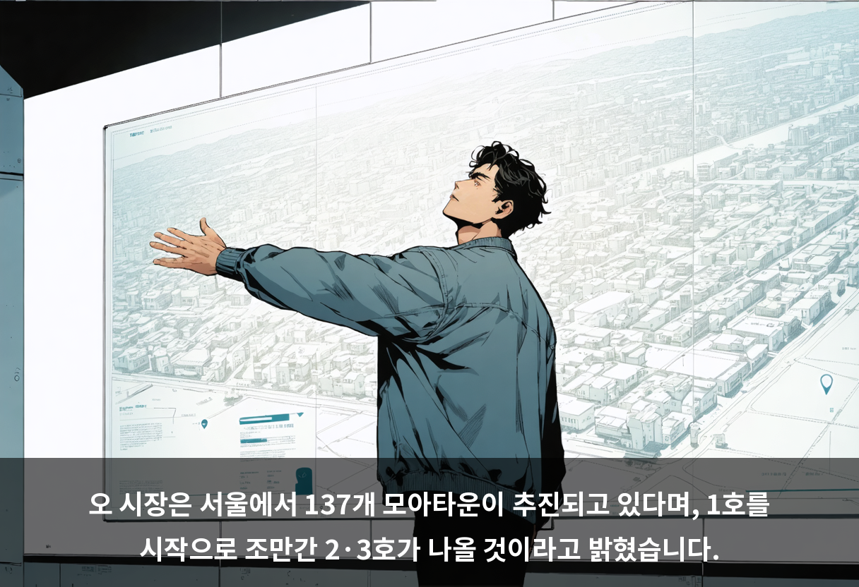 오 시장은 서울에서 137개 모아타운이 추진되고 있다며, 1호를 시작으로 조만간 2·3호가 나올 것이라고 밝혔습니다.