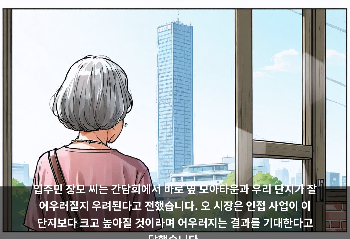 입주민 장모 씨는 간담회에서 바로 옆 모아타운과 우리 단지가 잘 어우러질지 우려된다고 전했습니다. 오 시장은 인접 사업이 이 단지보다 크고 높아질 것이라며 어우러지는 결과를 기대한다고 답했습니다.