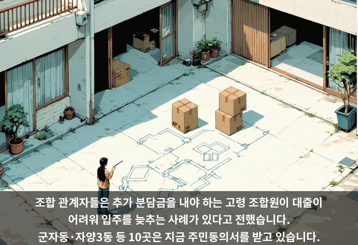 조합 관계자들은 추가 분담금을 내야 하는 고령 조합원이 대출이 어려워 입주를 늦추는 사례가 있다고 전했습니다. 군자동·자양3동 등 10곳은 지금 주민동의서를 받고 있습니다.