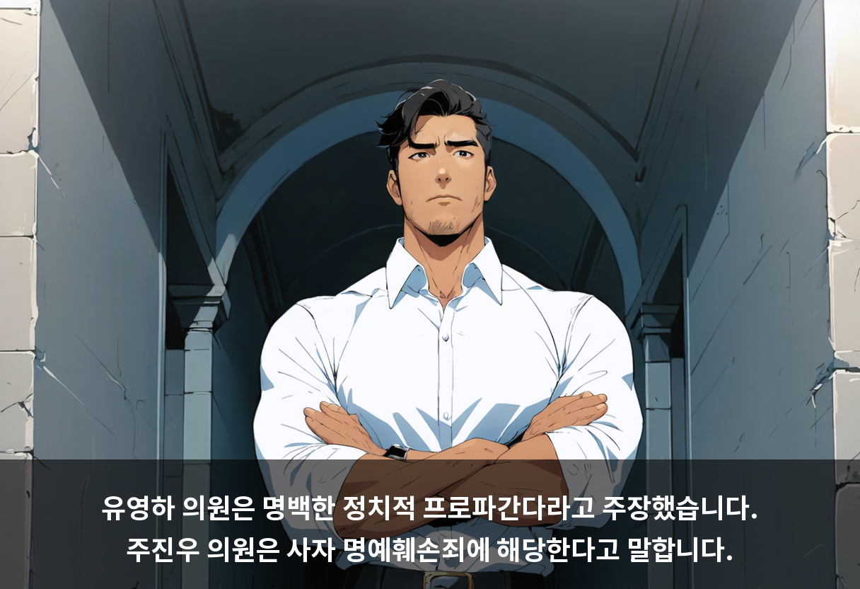 유영하 의원은 명백한 정치적 프로파간다라고 주장했습니다. 주진우 의원은 사자 명예훼손죄에 해당한다고 말합니다.