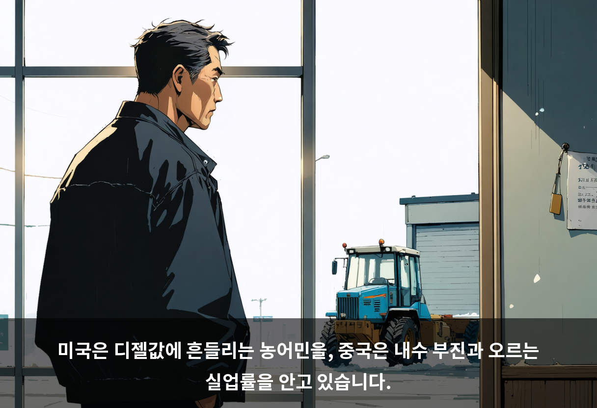 미국은 디젤값에 흔들리는 농어민을, 중국은 내수 부진과 오르는 실업률을 안고 있습니다.