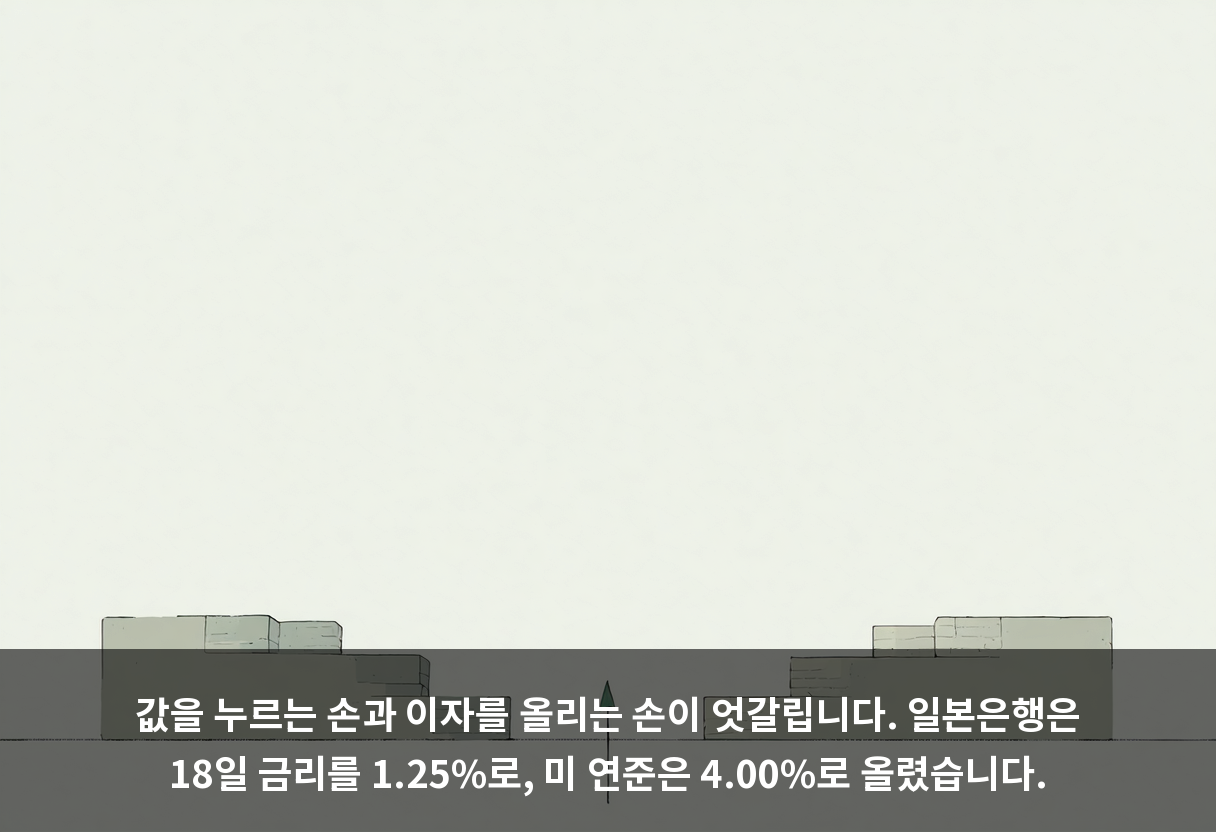 값을 누르는 손과 이자를 올리는 손이 엇갈립니다. 일본은행은 18일 금리를 1.25%로, 미 연준은 4.00%로 올렸습니다.
