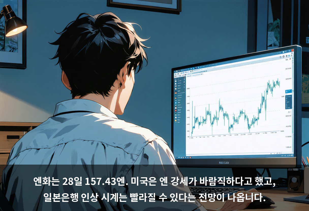 엔화는 28일 157.43엔. 미국은 엔 강세가 바람직하다고 했고, 일본은행 인상 시계는 빨라질 수 있다는 전망이 나옵니다.